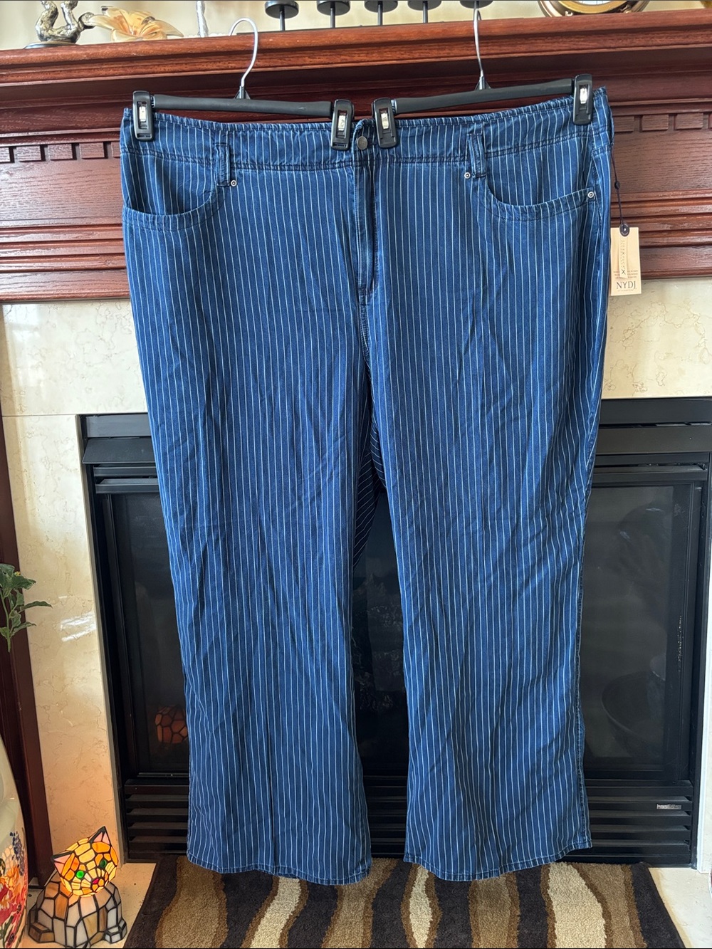 NYDJ High Rise Teresa Wide Leg Tencel Dark Ocean Pinstripes Jeans Lift Tuck Tech